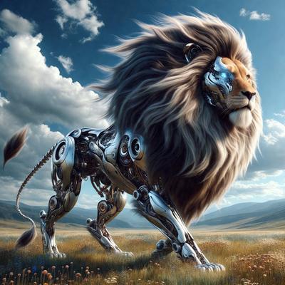 Primary subject: A lion with a mechanical body.

Setting/background: A field with flowers and a cloudy sky.

Visual style: Digital art.

Colors and mood: The lion has a metallic appearance, and the field is filled with various flowers, creating a vibrant and lively atmosphere.